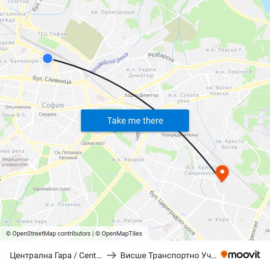 Централна Гара / Central Railway Station (1329) to Висше Транспортно Училище Тодор Каблешков map