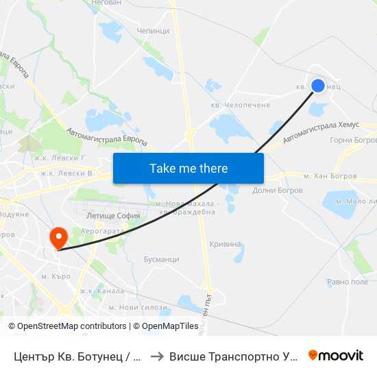 Център Кв. Ботунец / Botunets Qr. Centre (1235) to Висше Транспортно Училище Тодор Каблешков map