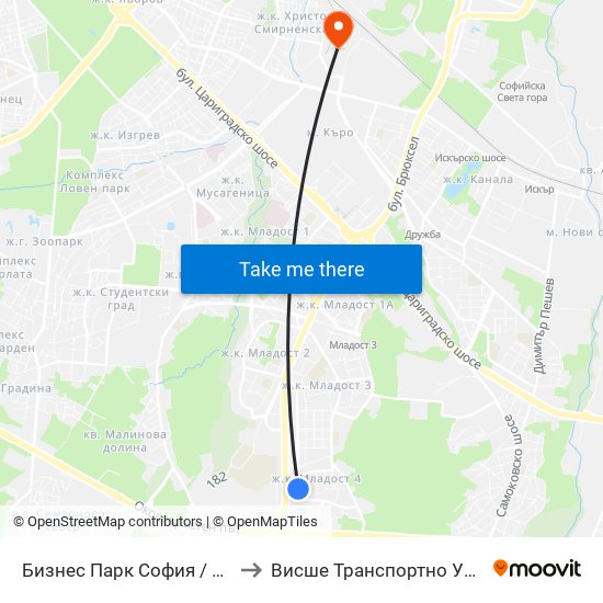 Бизнес Парк София / Sofia Business Park (2390) to Висше Транспортно Училище Тодор Каблешков map
