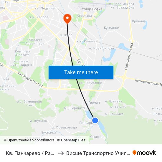 Кв. Панчарево / Pancharevo Qr. (1244) to Висше Транспортно Училище Тодор Каблешков map