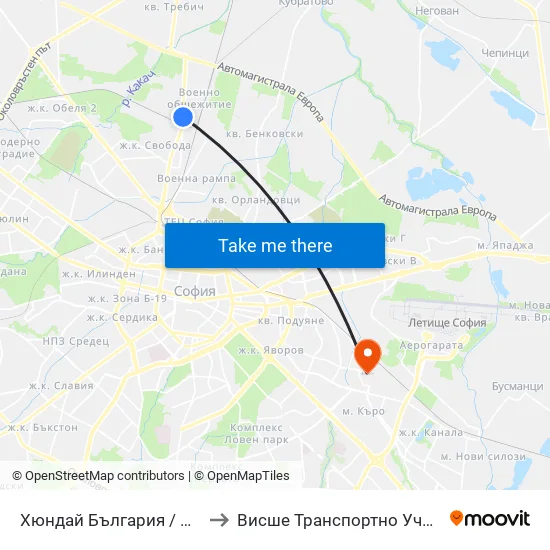 Хюндай България / Hyundai Bulgaria (1635) to Висше Транспортно Училище Тодор Каблешков map