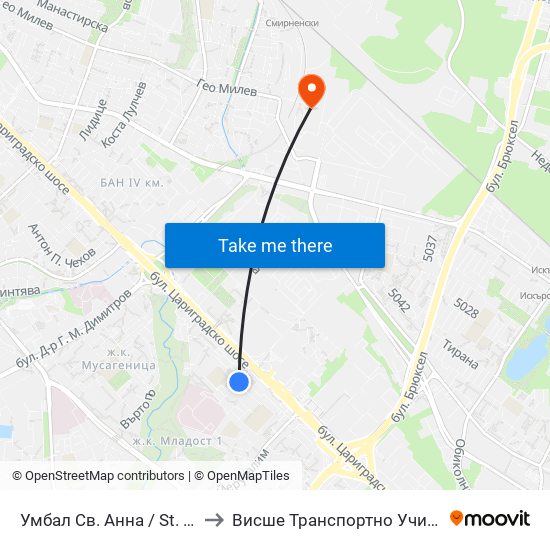 Умбал Св. Анна / St. Anna Hospital (1195) to Висше Транспортно Училище Тодор Каблешков map