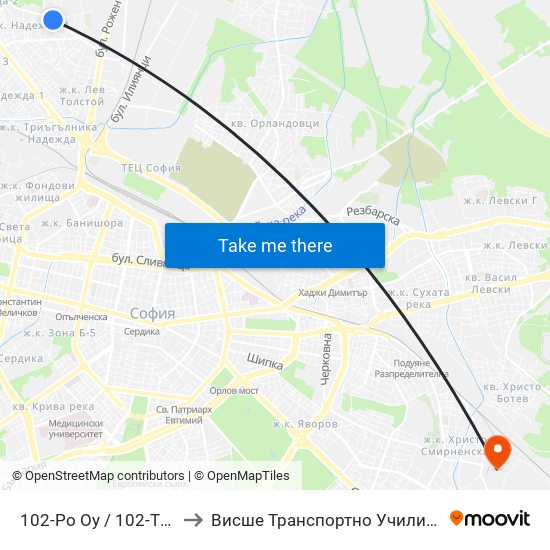 102-Ро Оу / 102-Th School (2578) to Висше Транспортно Училище Тодор Каблешков map