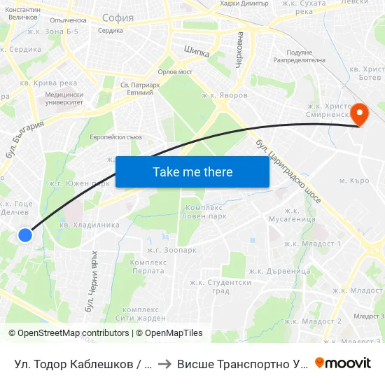 Ул. Тодор Каблешков / Todor Kableshkov St. (0601) to Висше Транспортно Училище Тодор Каблешков map