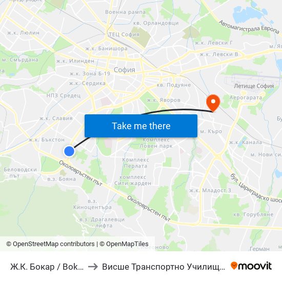 Ж.К. Бокар / Bokar Qr. (2689) to Висше Транспортно Училище Тодор Каблешков map