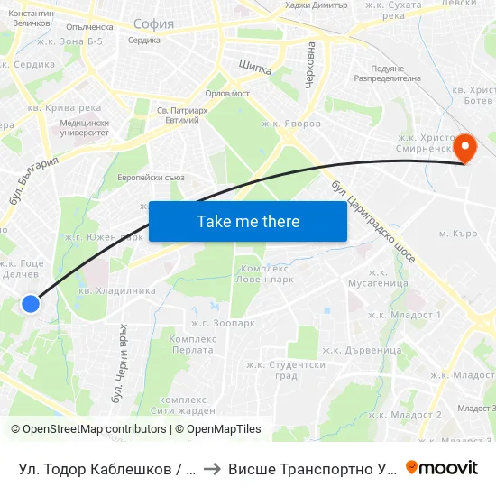 Ул. Тодор Каблешков / Todor Kableshkov St. (0598) to Висше Транспортно Училище Тодор Каблешков map
