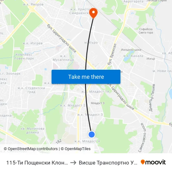 115-Ти Пощенски Клон / 115-Th Post Office (1759) to Висше Транспортно Училище Тодор Каблешков map