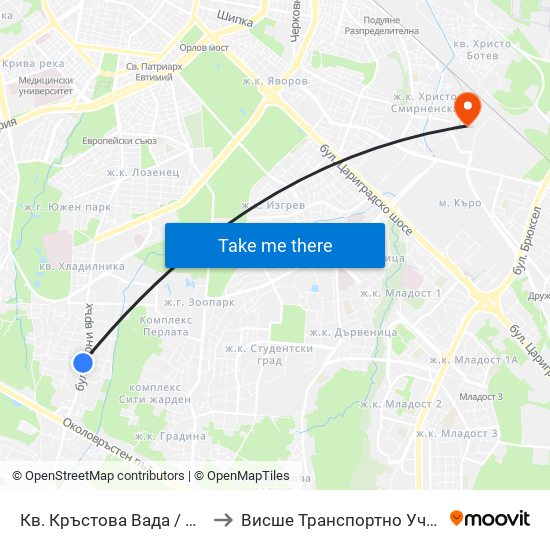 Кв. Кръстова Вада / Krastova Vada Qr. (0914) to Висше Транспортно Училище Тодор Каблешков map