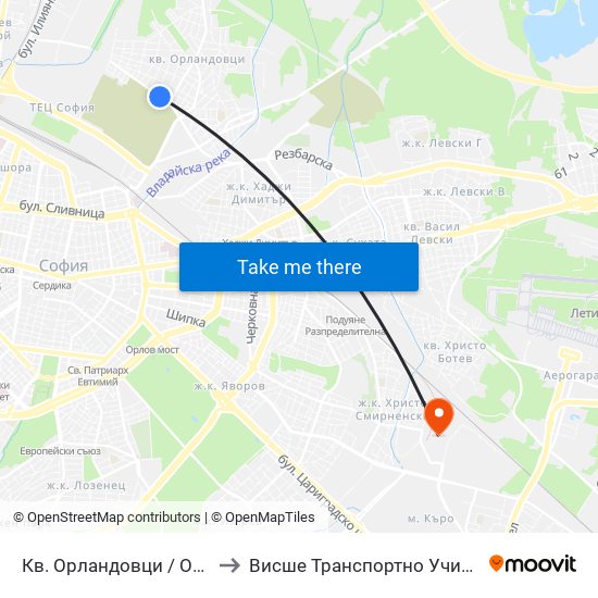 Кв. Орландовци / Orlandovtsi Qr. (0883) to Висше Транспортно Училище Тодор Каблешков map