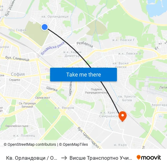 Кв. Орландовци / Orlandovtsi Qr. (0883) to Висше Транспортно Училище Тодор Каблешков map
