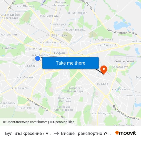 Бул. Възкресение / Vazkresenie Blvd. (0304) to Висше Транспортно Училище Тодор Каблешков map