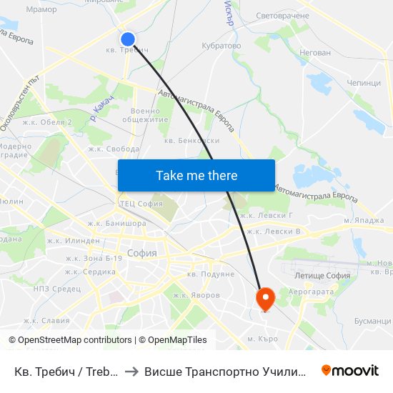 Кв. Требич / Trebich Qr. (0905) to Висше Транспортно Училище Тодор Каблешков map