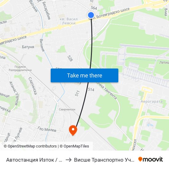 🚌 Автостанция Изток / Iztok Bus Station (2428) to Висше Транспортно Училище Тодор Каблешков map