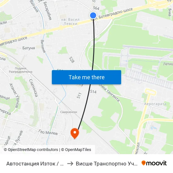 🚌 Автостанция Изток / Iztok Bus Station (2428) to Висше Транспортно Училище Тодор Каблешков map