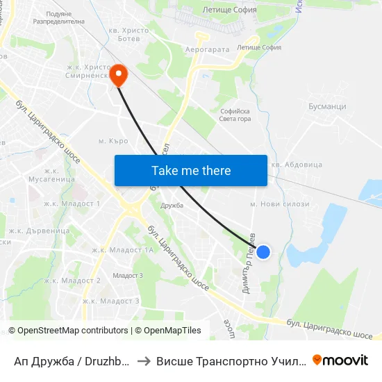 Ап Дружба / Druzhba Bus Depot (0077) to Висше Транспортно Училище Тодор Каблешков map