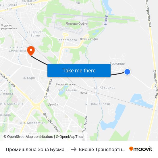Промишлена Зона Бусманци / Industrial Zone Busmantsi (1641) to Висше Транспортно Училище Тодор Каблешков map