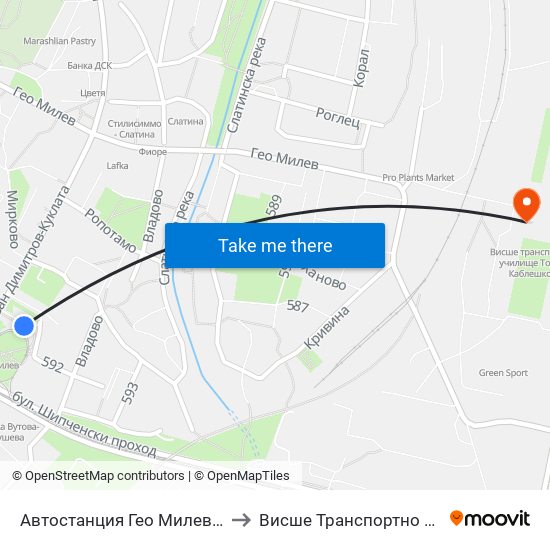 🚌 Автостанция Гео Милев / Geo Milev Bus Station (0053) to Висше Транспортно Училище Тодор Каблешков map
