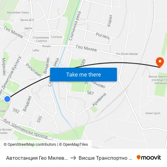 🚌 Автостанция Гео Милев / Geo Milev Bus Station (0053) to Висше Транспортно Училище Тодор Каблешков map