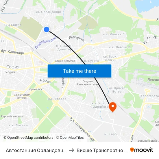 🚌 Автостанция Орландовци / Orlandovtsi Bus Station (0062) to Висше Транспортно Училище Тодор Каблешков map