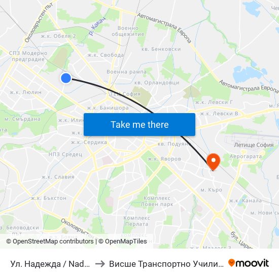 Ул. Надежда / Nadezhda St. (2051) to Висше Транспортно Училище Тодор Каблешков map