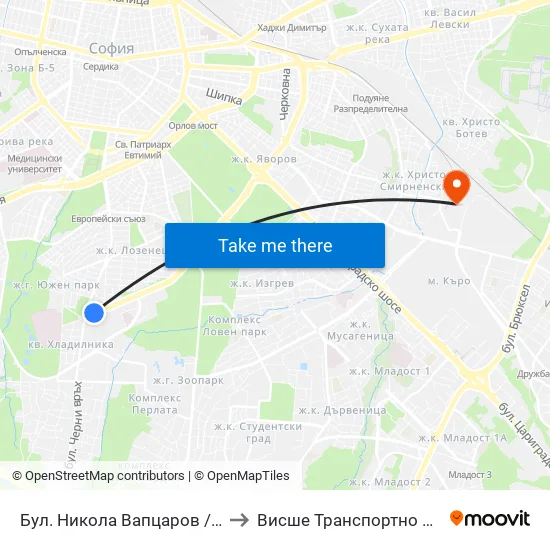 Бул. Никола Вапцаров / Nikola Vaptsarov Blvd. (0341) to Висше Транспортно Училище Тодор Каблешков map
