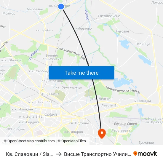 Кв. Славовци / Slavovtsi Qr. (0904) to Висше Транспортно Училище Тодор Каблешков map