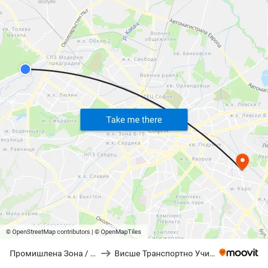 👋 Промишлена Зона / Industrial Zone (1686) to Висше Транспортно Училище Тодор Каблешков map