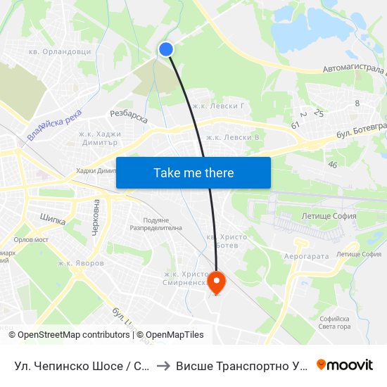 Ул. Чепинско Шосе / Chepinsko Shosse St. (0921) to Висше Транспортно Училище Тодор Каблешков map