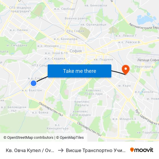 Кв. Овча Купел / Ovcha Kupel Qr. (0875) to Висше Транспортно Училище Тодор Каблешков map