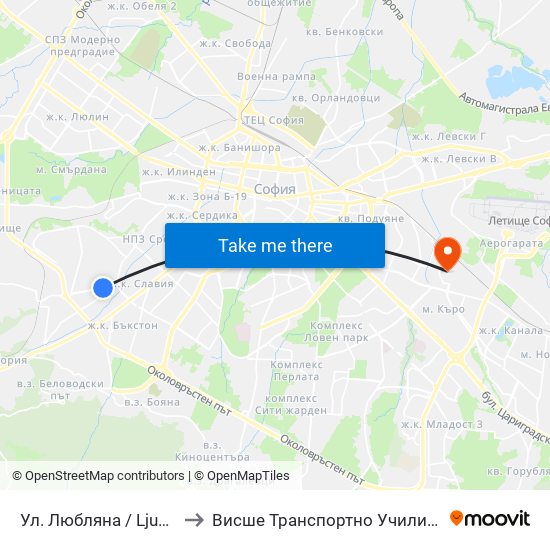 Ул. Любляна / Ljubljana St. (2606) to Висше Транспортно Училище Тодор Каблешков map