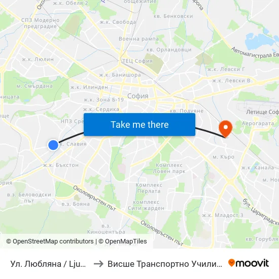 Ул. Любляна / Ljubljana St. (2541) to Висше Транспортно Училище Тодор Каблешков map