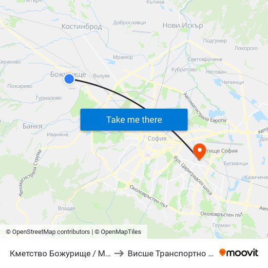 Кметство Божурище / Municipality Of Bozhurishte (0934) to Висше Транспортно Училище Тодор Каблешков map