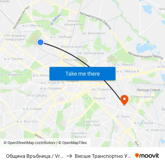 Община Връбница / Vrabnitsa Municipality (0675) to Висше Транспортно Училище Тодор Каблешков map
