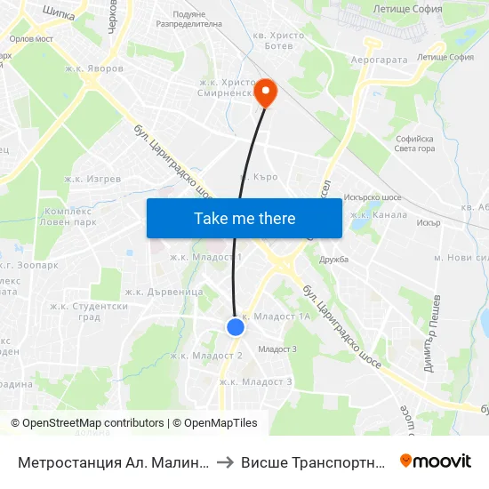 Ⓜ️ Метростанция Ал. Малинов / Al. Malinov Metro Station (0234) to Висше Транспортно Училище Тодор Каблешков map