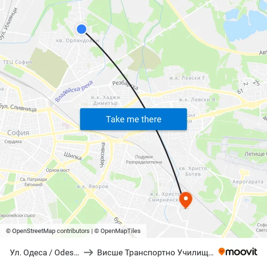 Ул. Одеса / Odessa St. (2355) to Висше Транспортно Училище Тодор Каблешков map