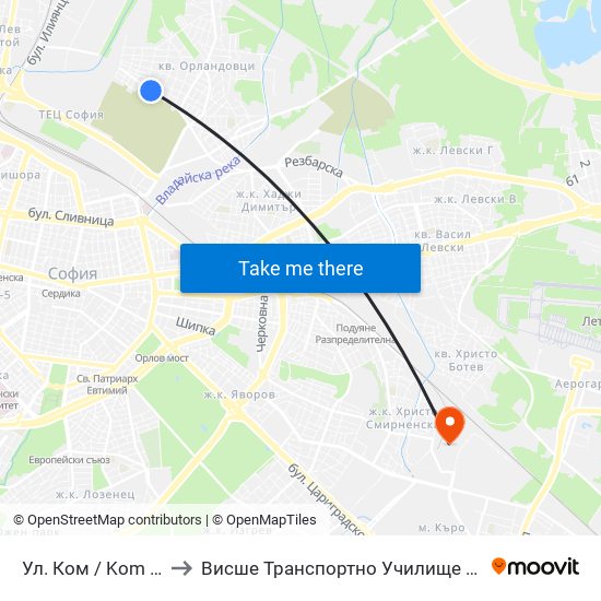 Ул. Ком / Kom St. (2600) to Висше Транспортно Училище Тодор Каблешков map