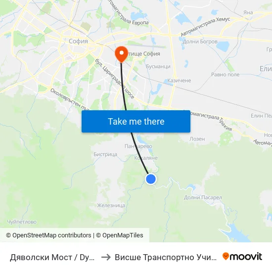 Дяволски Мост / Dyavolski Bridge (0557) to Висше Транспортно Училище Тодор Каблешков map