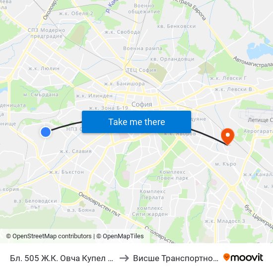 Бл. 505 Ж.К. Овча Купел 1 / Bl. 505, Ovcha Kupel 1 Qr. (0228) to Висше Транспортно Училище Тодор Каблешков map
