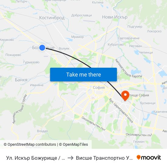 Ул. Искър Божурище / Iskar St. Bozhurishte(2604) to Висше Транспортно Училище Тодор Каблешков map