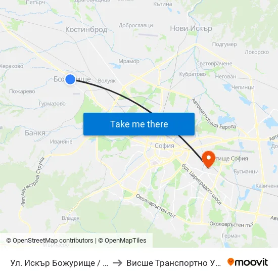 Ул. Искър Божурище / Iskar St. Bozhurishte(2604) to Висше Транспортно Училище Тодор Каблешков map