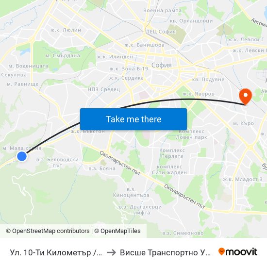 Ул. 10-Ти Километър / 10-Ti Kilometar St. (0521) to Висше Транспортно Училище Тодор Каблешков map