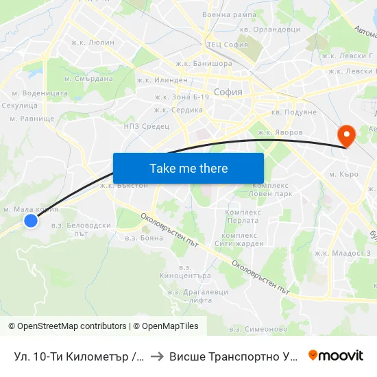 Ул. 10-Ти Километър / 10-Ti Kilometar St. (0521) to Висше Транспортно Училище Тодор Каблешков map