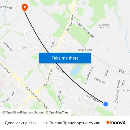 Депо Искър / Iskar Depot (0516) to Висше Транспортно Училище Тодор Каблешков map