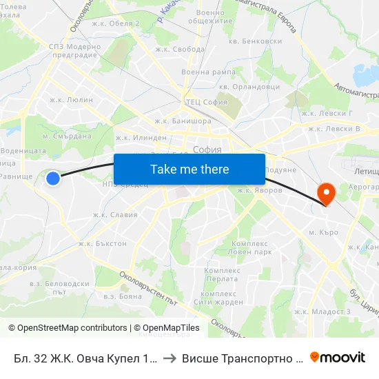 Бл. 32 Ж.К. Овча Купел 1 / Bl. 32, Ovcha Kupel 1 Qr. (0192) to Висше Транспортно Училище Тодор Каблешков map