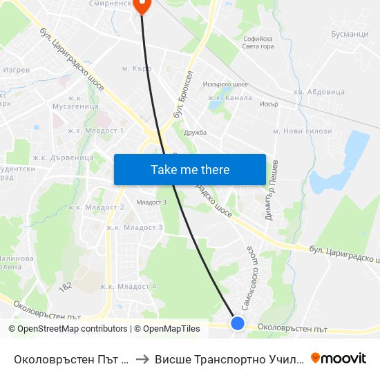 Околовръстен Път / Ring Road (1182) to Висше Транспортно Училище Тодор Каблешков map