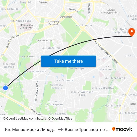 Кв. Манастирски Ливади / Manastirski Livadi Qr. (0867) to Висше Транспортно Училище Тодор Каблешков map