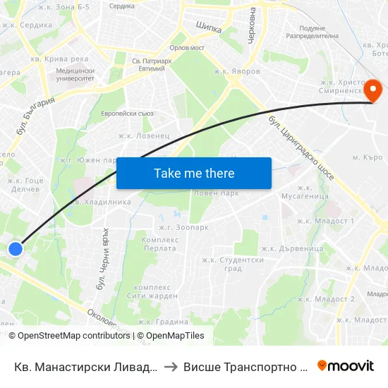 Кв. Манастирски Ливади / Manastirski Livadi Qr. (0867) to Висше Транспортно Училище Тодор Каблешков map