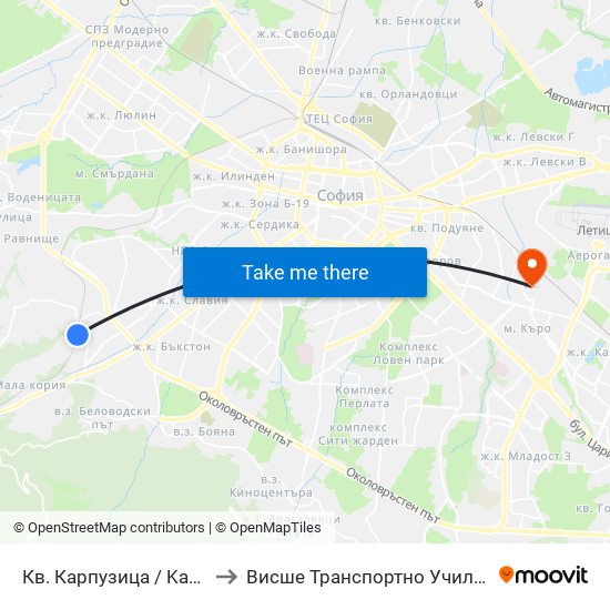 Кв. Карпузица / Karpuzitsa Qr. (0849) to Висше Транспортно Училище Тодор Каблешков map