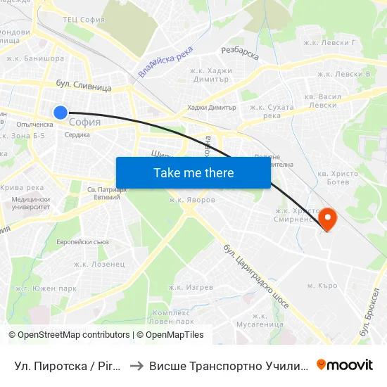 Ул. Пиротска / Pirotska St. (2112) to Висше Транспортно Училище Тодор Каблешков map
