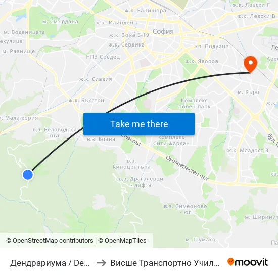 Дендрариума / Dendrariuma (6566) to Висше Транспортно Училище Тодор Каблешков map